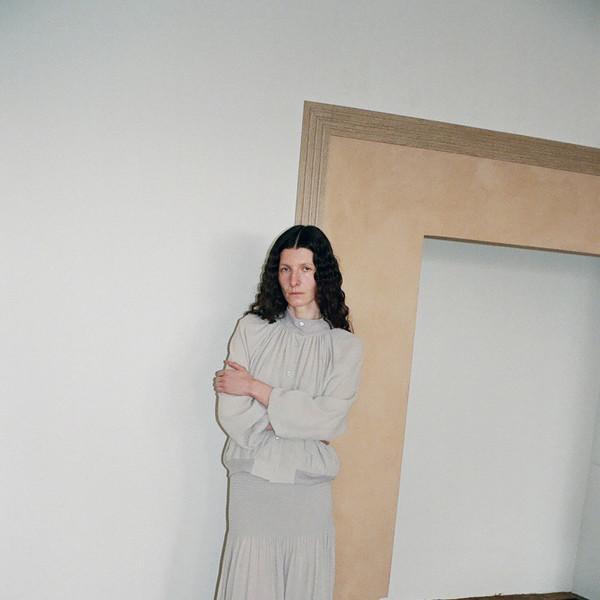 [2nd] Sheer Ribbed High Neck Blouse (Light Gray / Brown)