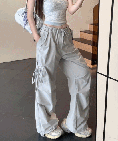 모어라벨 [스트릿무드!/추천!] 리본 포켓 셔링 카고 조거팬츠 2col