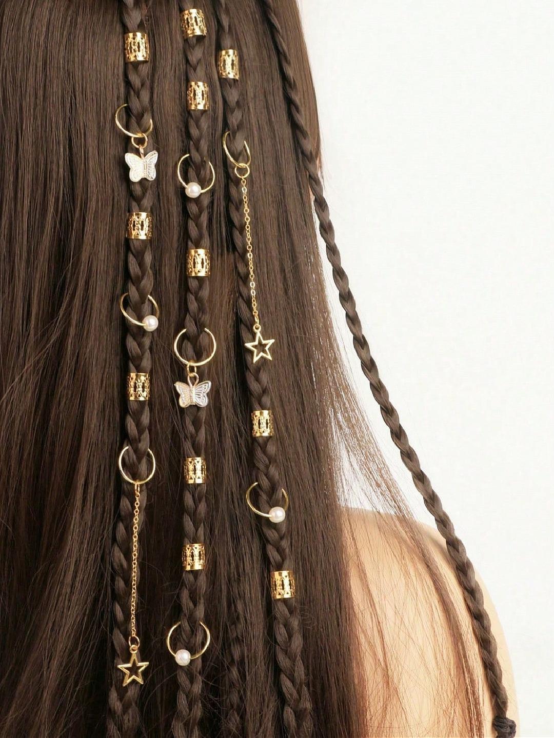 29개 골드 컬러 진주 & 나비 믹스 스타일 헤어 루프, 숙녀/걸 드레싱 액세서리 보헤미안 할로윈