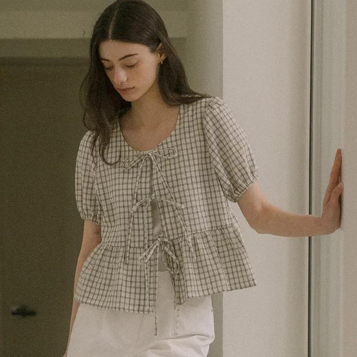 Front ribbon point blouse TISU03BL09_Ivory&black