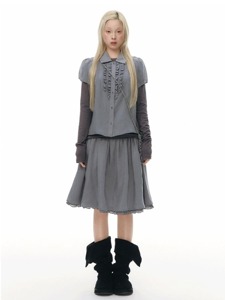 TAKEANAP Lace Trimming Bubble Blouse & Gather Ruffle Skirt