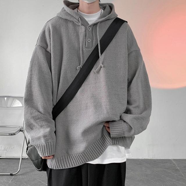 루즈핏 베이직 반 버튼 캐주얼 후드 니트 MN1262