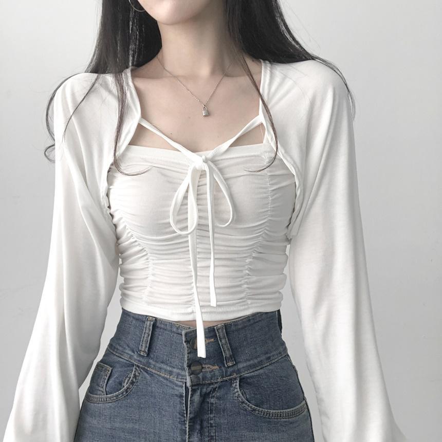 리리의감각 [딱 여리글램핏] 찰랑소재 스모크나시 볼레로 가디건세트