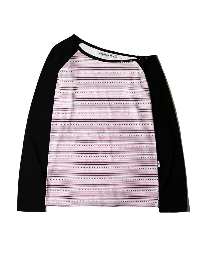 이스케이프프롬 핑크 스타 로고 스트라이프 풀프린트 별 리벳 포인트 원숄더 롱슬리브 블랙