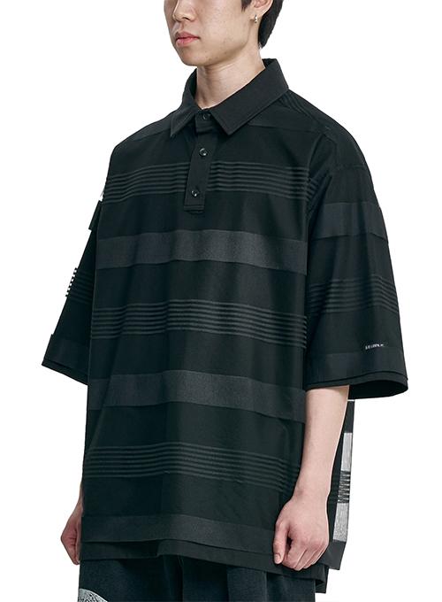 Stripe Mesh Layered Polo Shirt [BLACK]