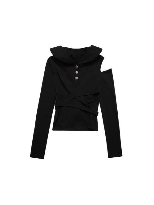 STRAP HOODED LONG SLEEVE TOP BLACK