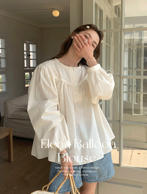 [가을하객룩🤎] 엘레나 벌룬 블라우스_BL9890 간절기 퍼프 셔링 펀칭 레이스 루즈핏 오버핏 기본 베이직 올드머니룩 바비코어 발레코어룩 하객 이지룩 모임룩