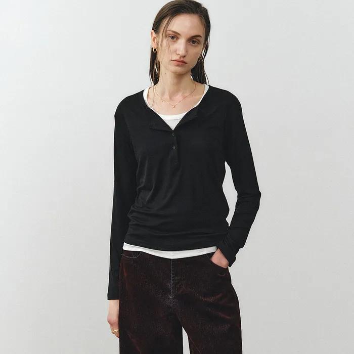 레이어드 헨리넥 티셔츠 (블랙아이보리)