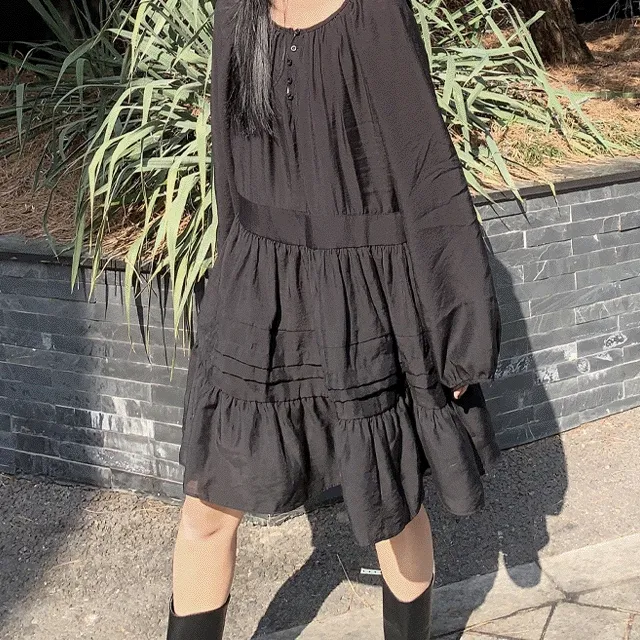 [2colors,여리여리] 롤링 핀턱 프릴 엔틱 빈티지 레이어드 미디 미니 레이스 원피스