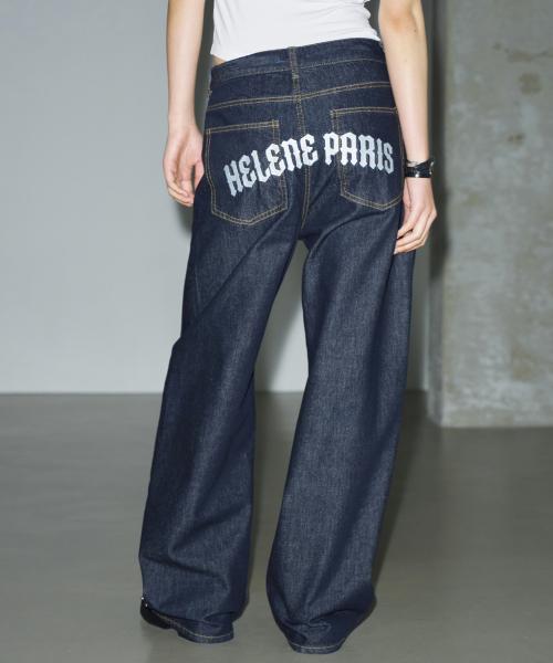 로고 니들 포인트 와이드 데님 팬츠 [블루 블랙]