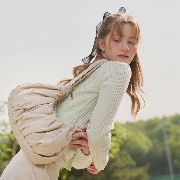 Small Croissant Shirring Cross Bag Almond