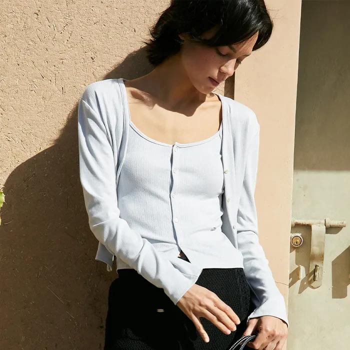 EYELET PUNCHING CARDIGAN SET_BLUE