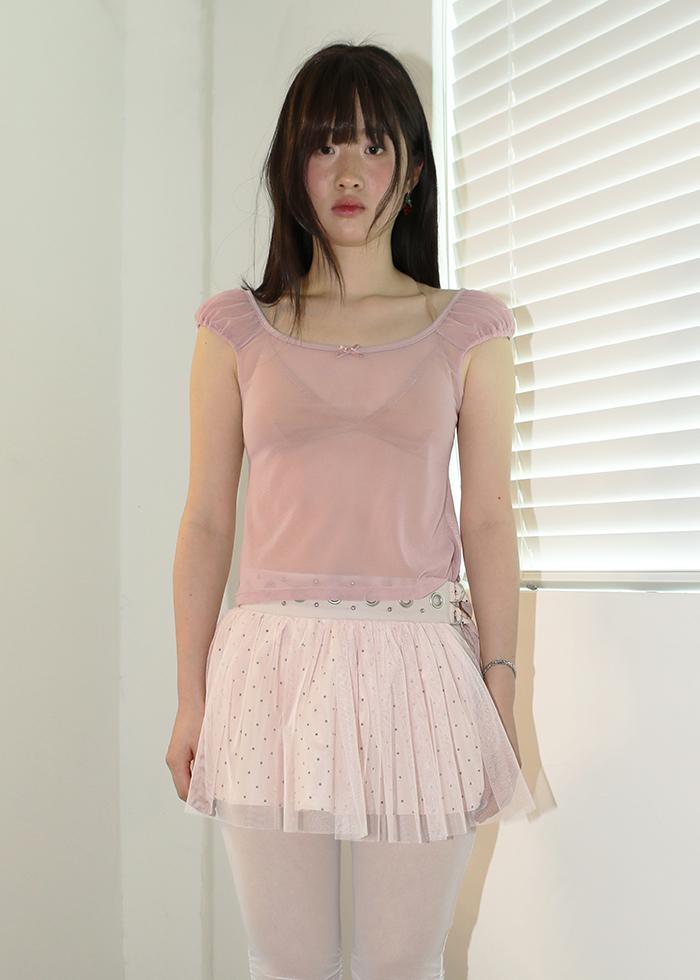 SEE-THROUGH MESH RIBBON TOP MILK PINK