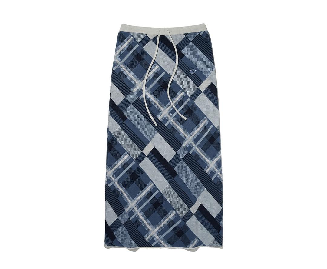 체크 패턴 니트 롱 스커트 [블루]