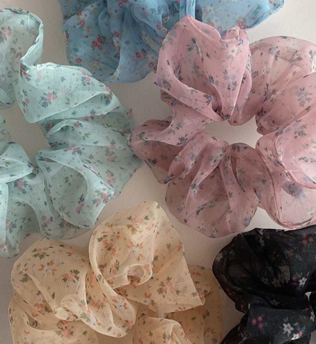 [국내제작] 쉬폰 플라워 파티 헤어슈슈 스크런치 곱창 머리끈 / 5color