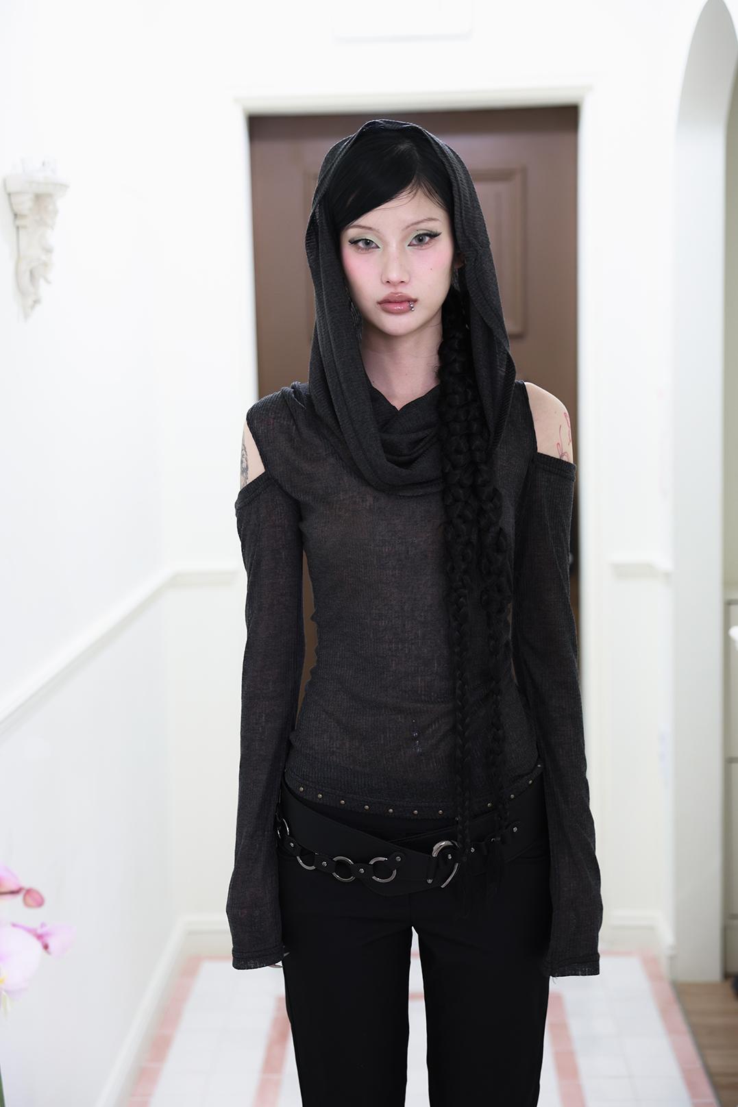 [Pink orchid house] 3way off-shoulder hood T (3color) (Gray)