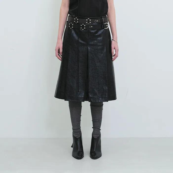 Faux Leather Wide Pleats Skirt (Crack Black)