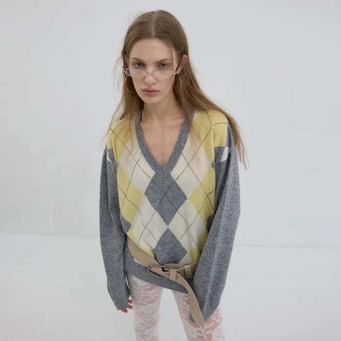 CLASSIC ARGYLE V-NECK KNIT_LEMON/GREY