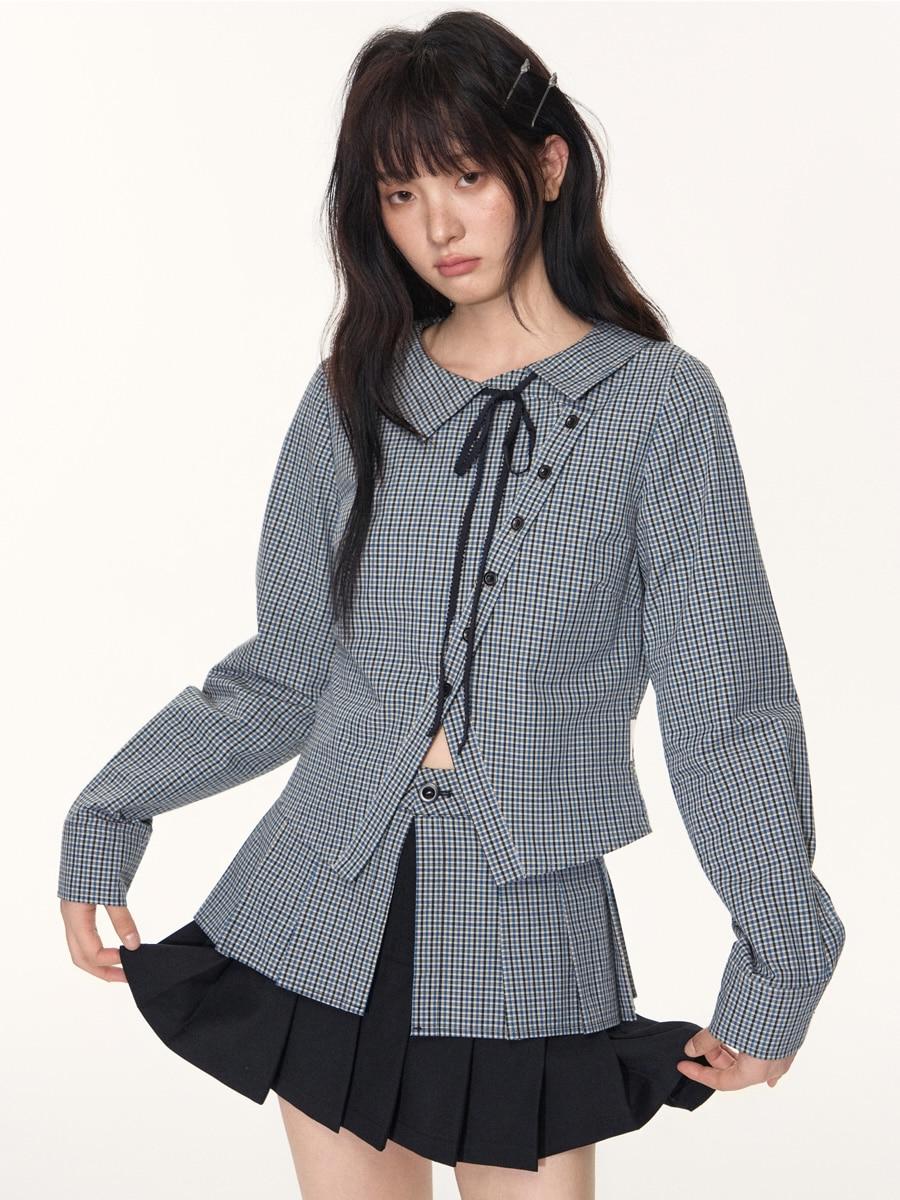 TAKEANAP Check Oblique Shirt & Dual Layer Pleated Skirt & Layer Waist Wide Pants