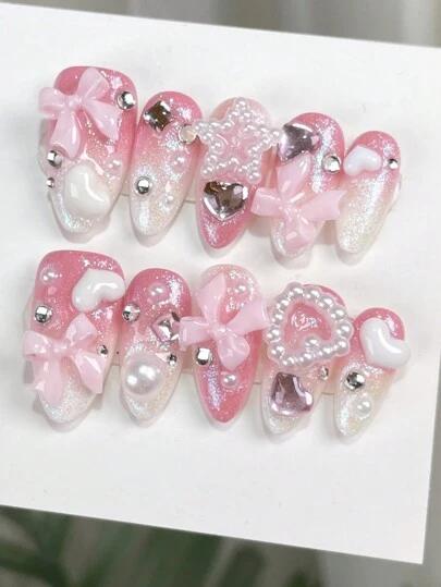 10개 고급 수제 아몬드 그라데이션 핑크 아크릴 네일 크리스탈 하트 & 리본 장식, 핑크 펄 네일 스티커 붙이는 형