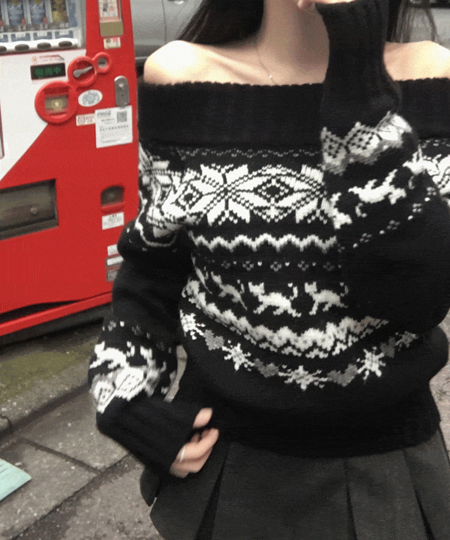 [도톰❄️/눈꽃니트] 로엘리 도톰 노르딕 눈꽃 오프숄더 긴팔 니트 여리여리 레이어드 데이트룩 연말룩 겨울니트/겨울상의/겨울신상