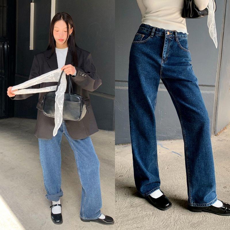 [모코블링] 딥블루 일자 와이드 데님 청바지 와이드핏 일자핏 데님팬츠 하이웨스트