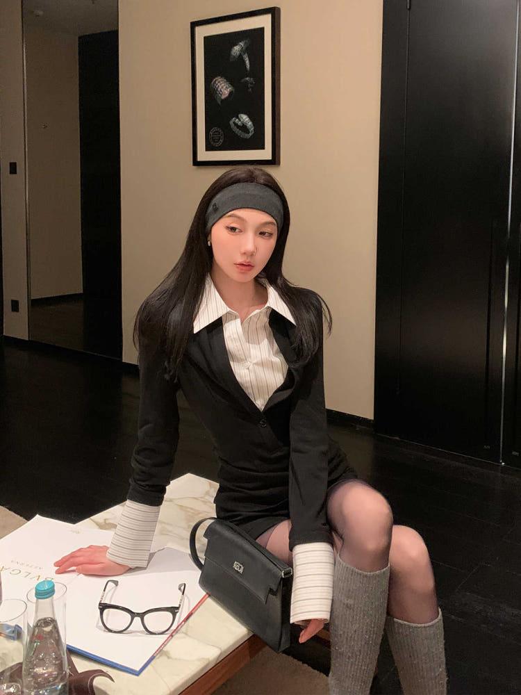 【Office Siren】 페이크 투피스 스플라이스 긴팔 셔츠