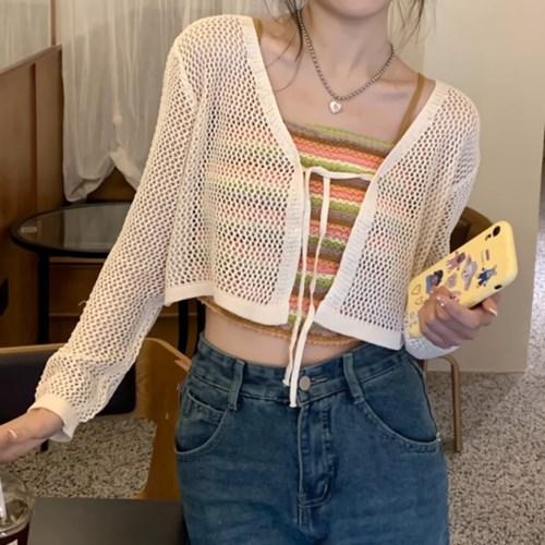 여성 썸 그물 스트라이프 나시 가디건 2피스 SET