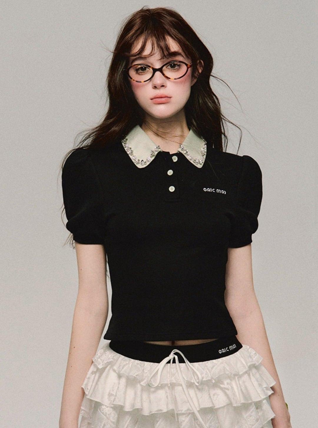 Vintage Charm Embellished Collar Polo