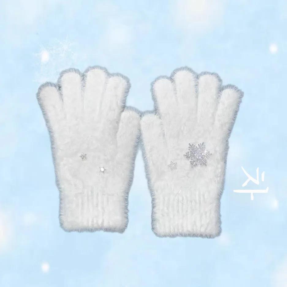 원래 CuteWinter 눈송이 스타 따뜻한 다목적 흰색 가짜 양피 장갑 Y2K 스타일 핑거리스 장갑 겨울