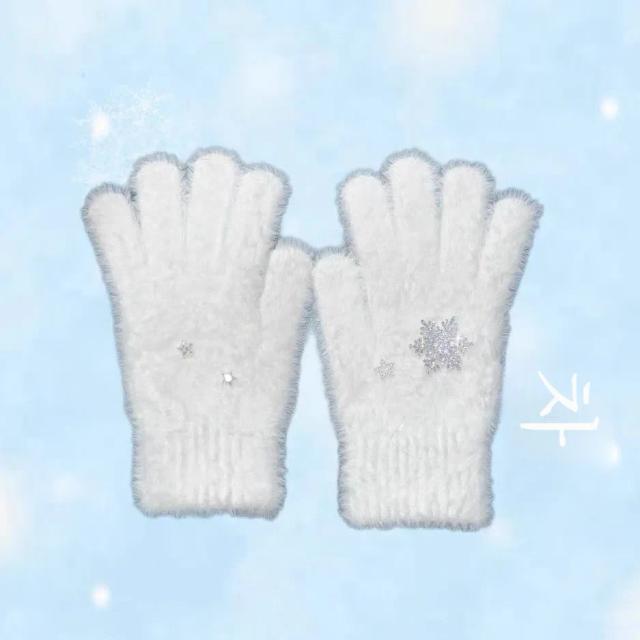 원래 CuteWinter 눈송이 스타 따뜻한 다목적 흰색 가짜 양피 장갑 Y2K 스타일 핑거리스 장갑 겨울