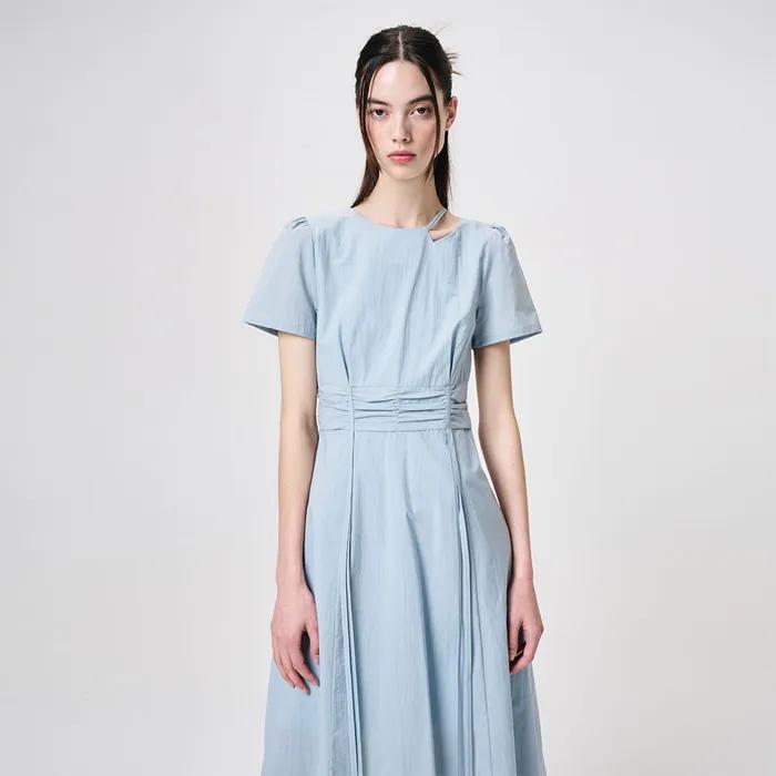 Neck Cut-Out Shirring Dress, Sky Blue