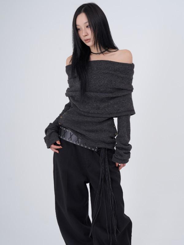 로웨어 [ made ] cawl neck hood slit stud knit / charcoal