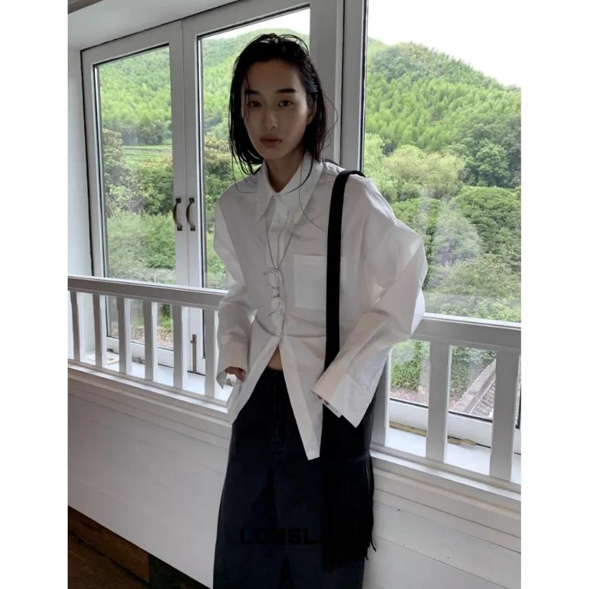 LONSLAN 셔츠 허리 텍스처 화이트 긴팔 셔츠