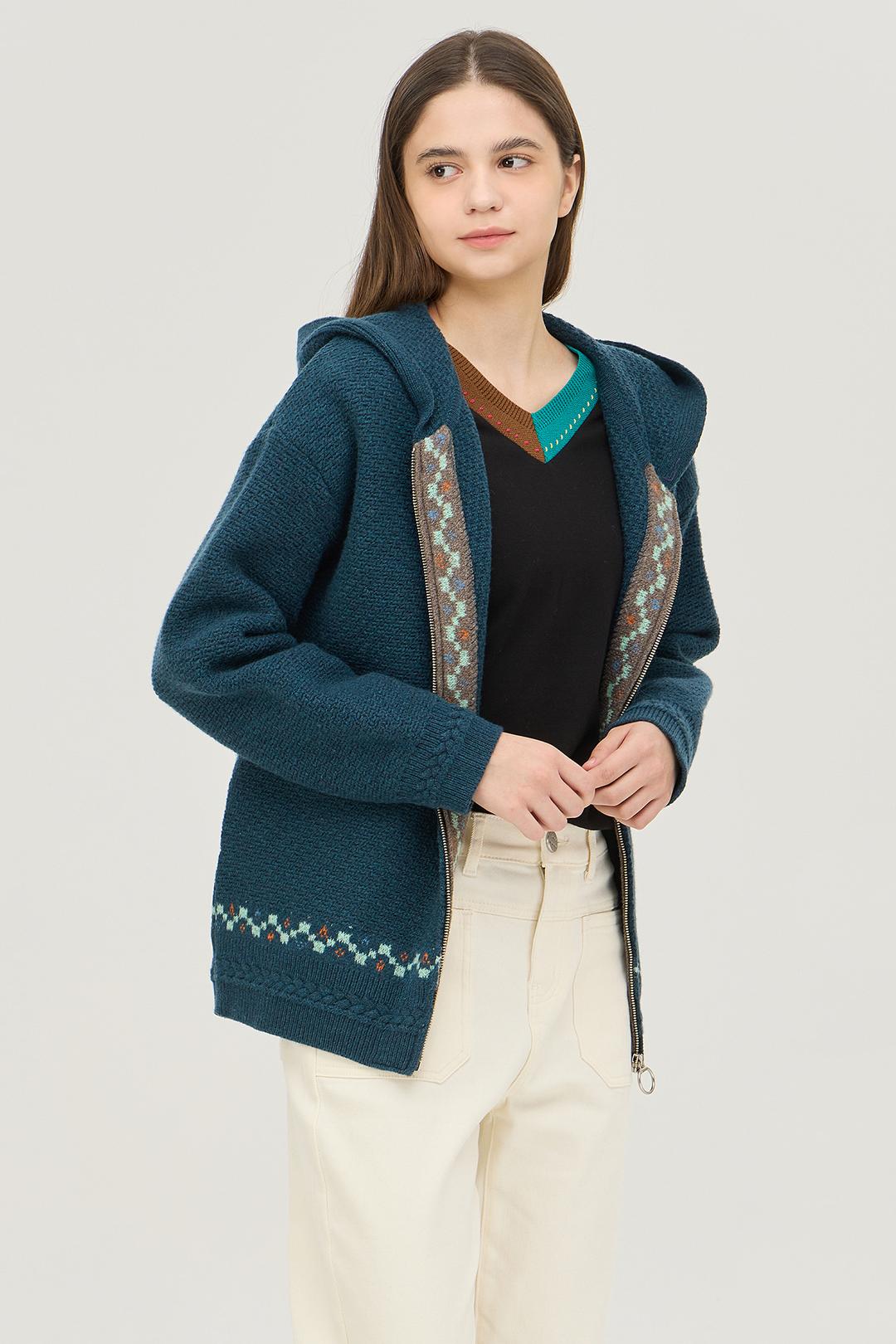 양 자카드 집업형 후드 가디건