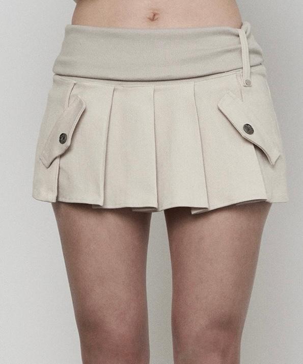 Rib Fake Pocket Pleats Skirt (BEIGE)