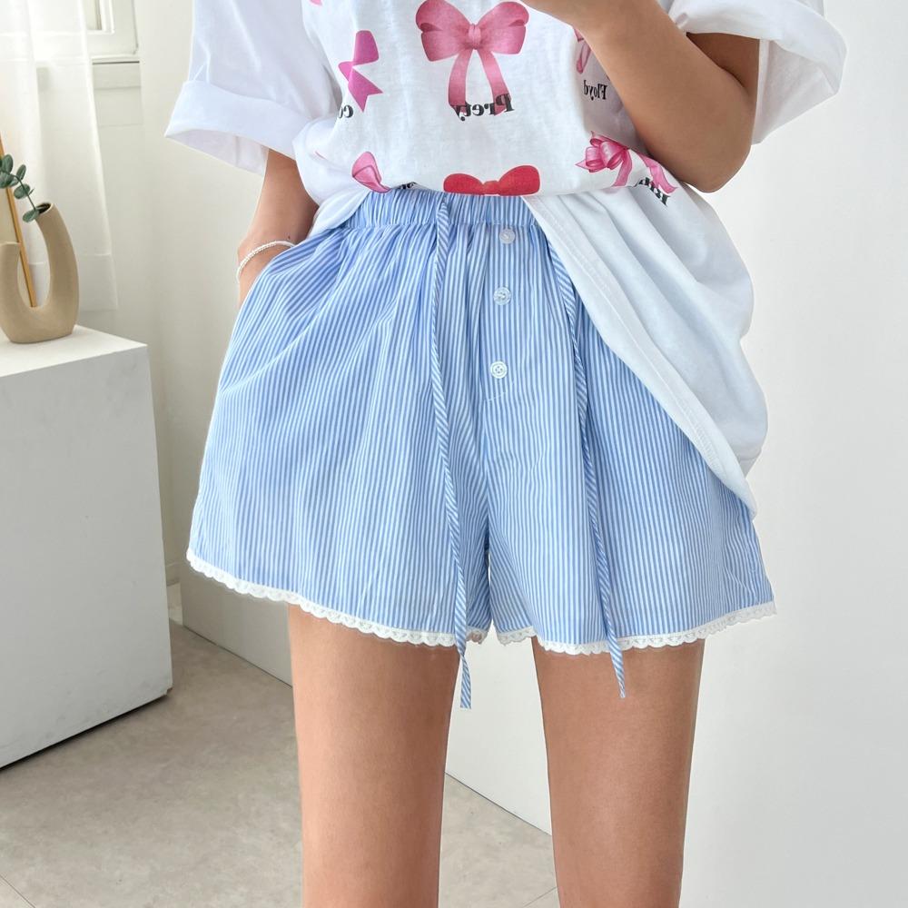 레이디무브 비치 푸딩 밑단 레이스 베이직 줄지 스트링 와이드 밴딩 숏 팬츠 2color