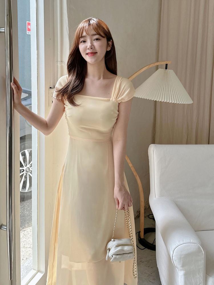 자체제작 셔링 무지 쉬폰 플레어 롱 원피스 2colors