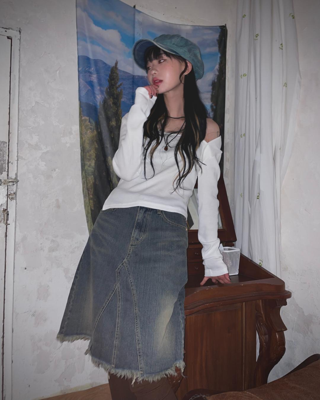 (3color) 소메하 빈티지 워싱 러프 데님 미디 스커트(A라인 청치마)