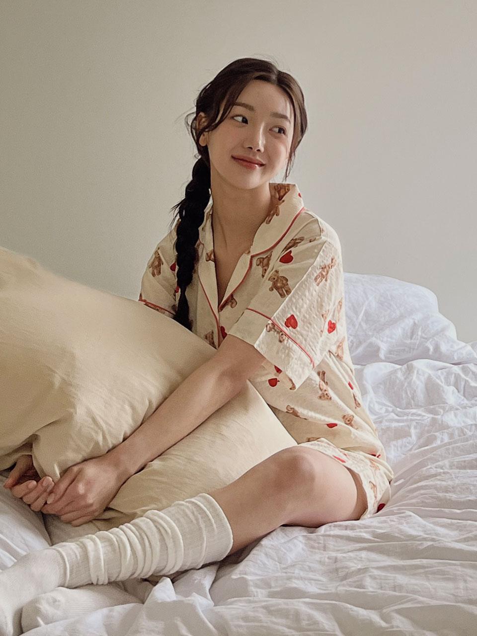 여성 하트베어 반소매 카라 잠옷 23-02931