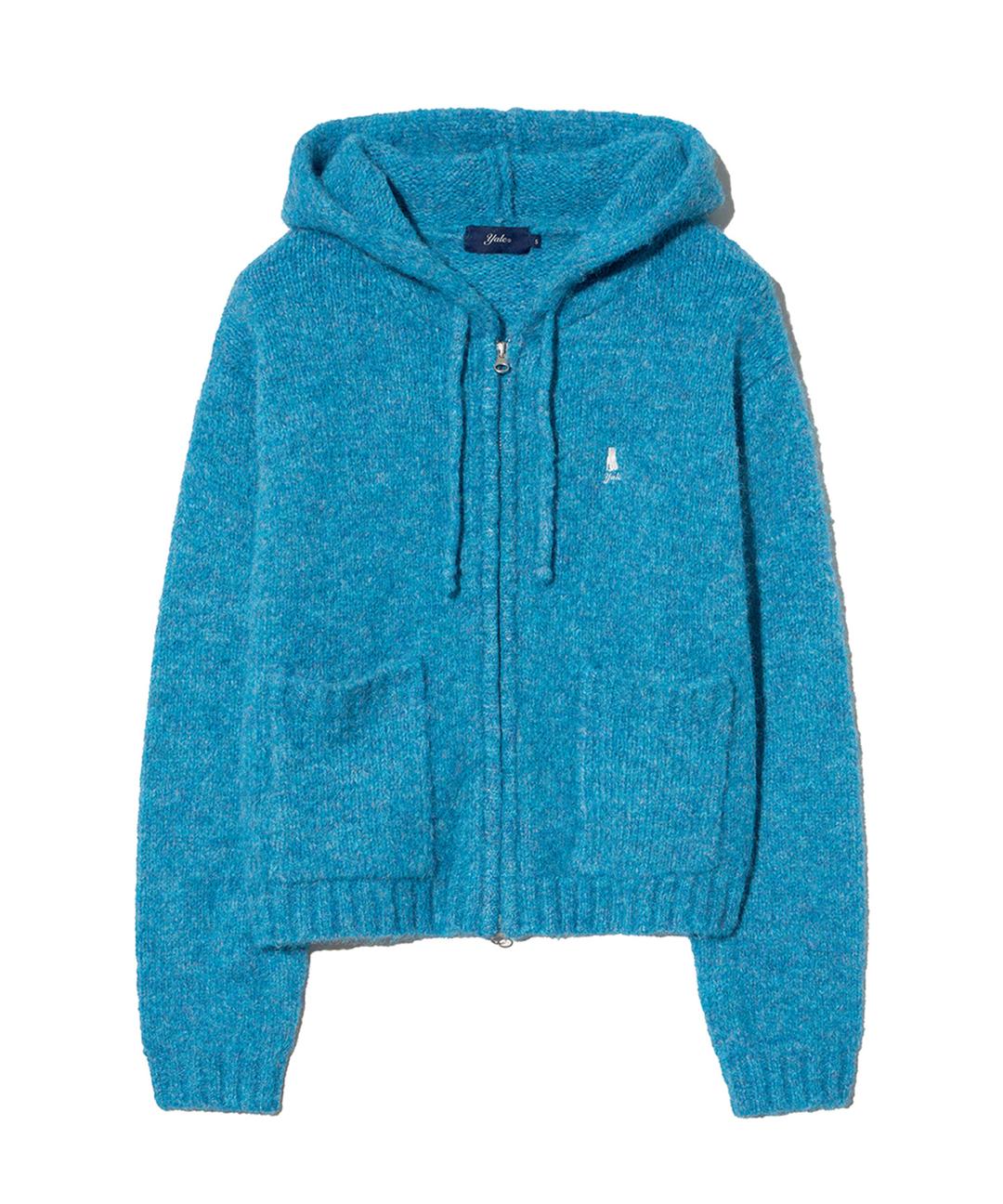 우먼즈 헤어리 크롭 니트 후드 집업_블루