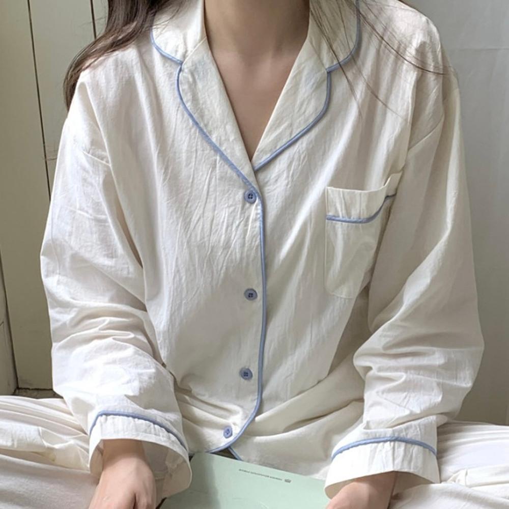 [면 100%] 침구 소재감 여성 긴팔 잠옷 코튼 파자마 홈웨어 (3color)