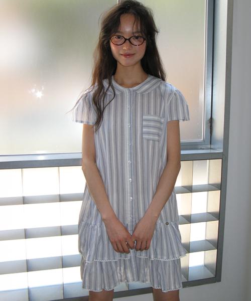 ROUND COLLAR FRILL KANGKANG SHIRT DRESS BLUE STRIPE
