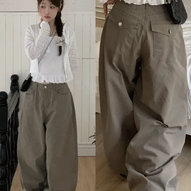[허얇골넓]키쿠에 볼륨 뒷포켓 빈티지 코튼 메가 와이드 벌룬 롱팬츠 2color S,M,L