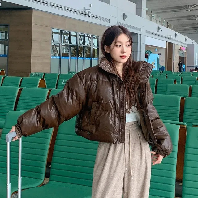 [1+1/진짜강추ㅠ🤎핏보장] 쏘힙!! 하이넥 숏 오버핏 크롭 레더 패딩 루즈핏 매트 가죽 점퍼 숏패딩 크롭패딩 레더패딩 가죽패딩 6col