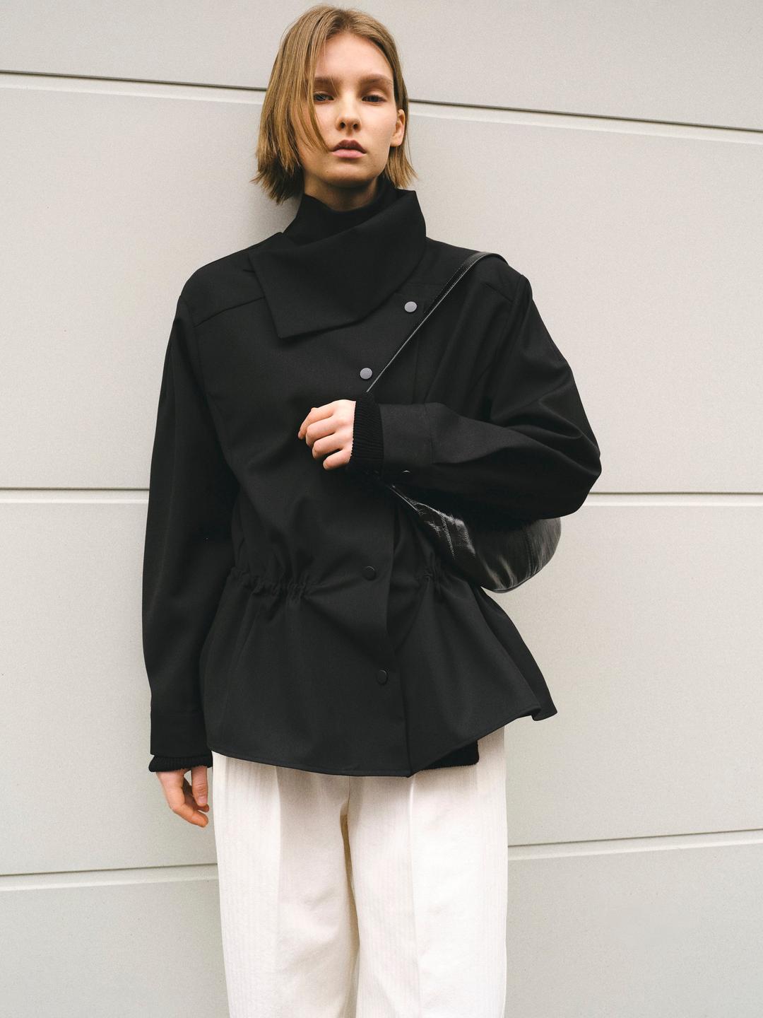 High-Neck Drawstring Jacket, Black - XS/S