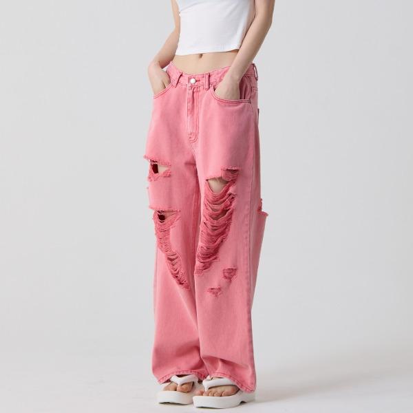 [언노운플라넷] 와이드 디스트로이드 피그다잉 데님 팬츠 레드