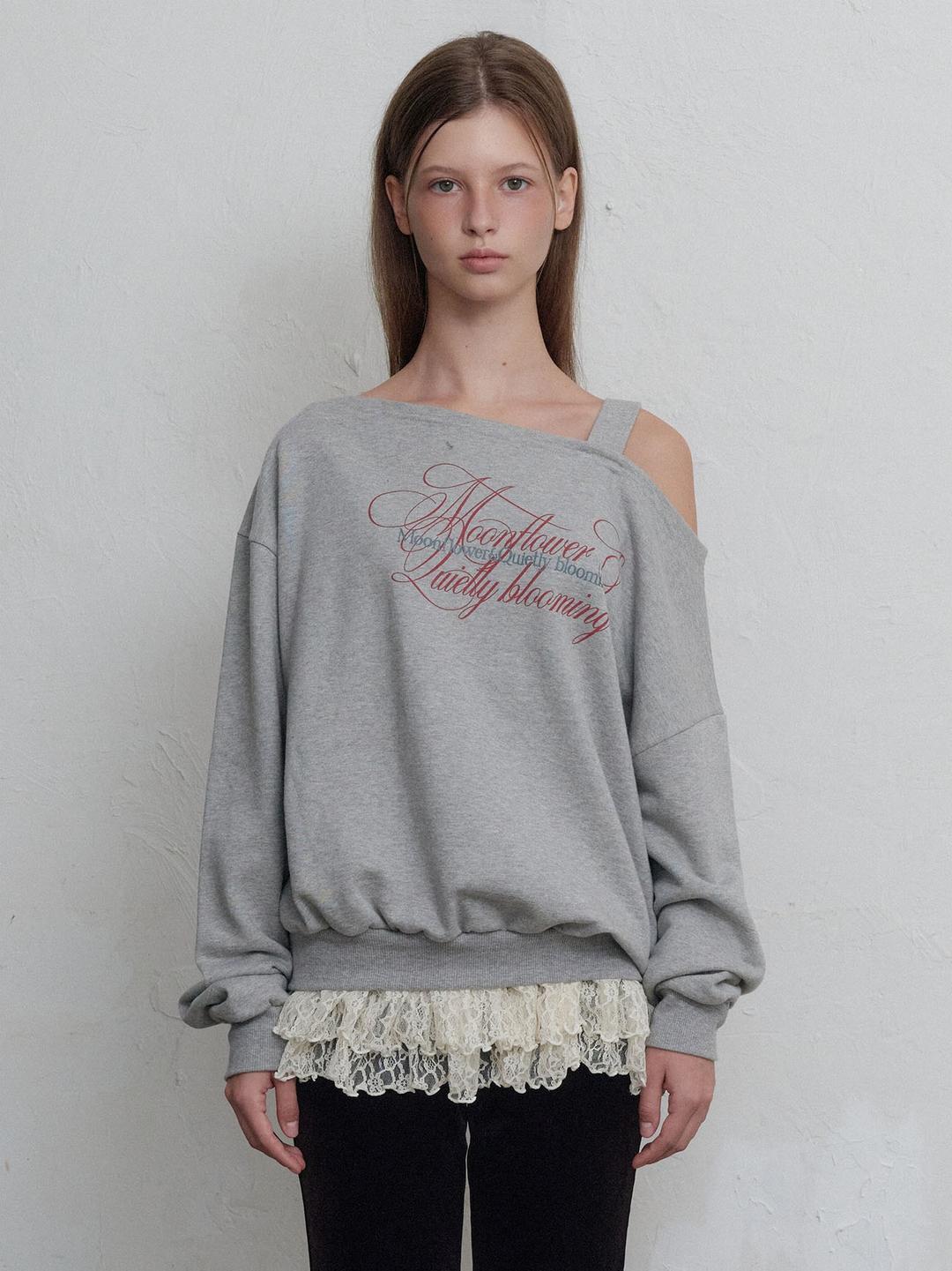 [ 10/1 선착순 예약발송 ] Fairy ruffle off-shoulder sweatshirt (Grey)