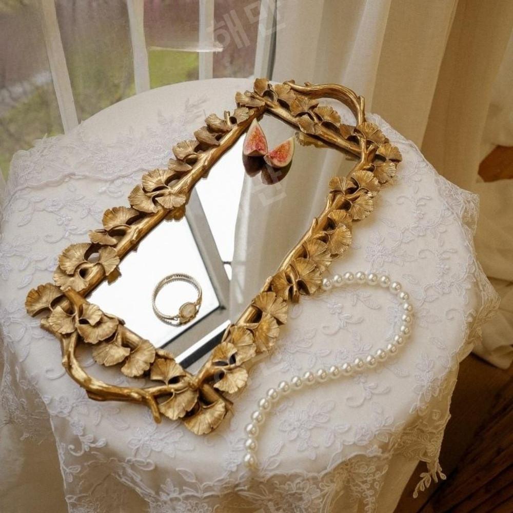 향수트레이 거울 화장품 인테리어소품 트레이 은행나무 엔틱 골드