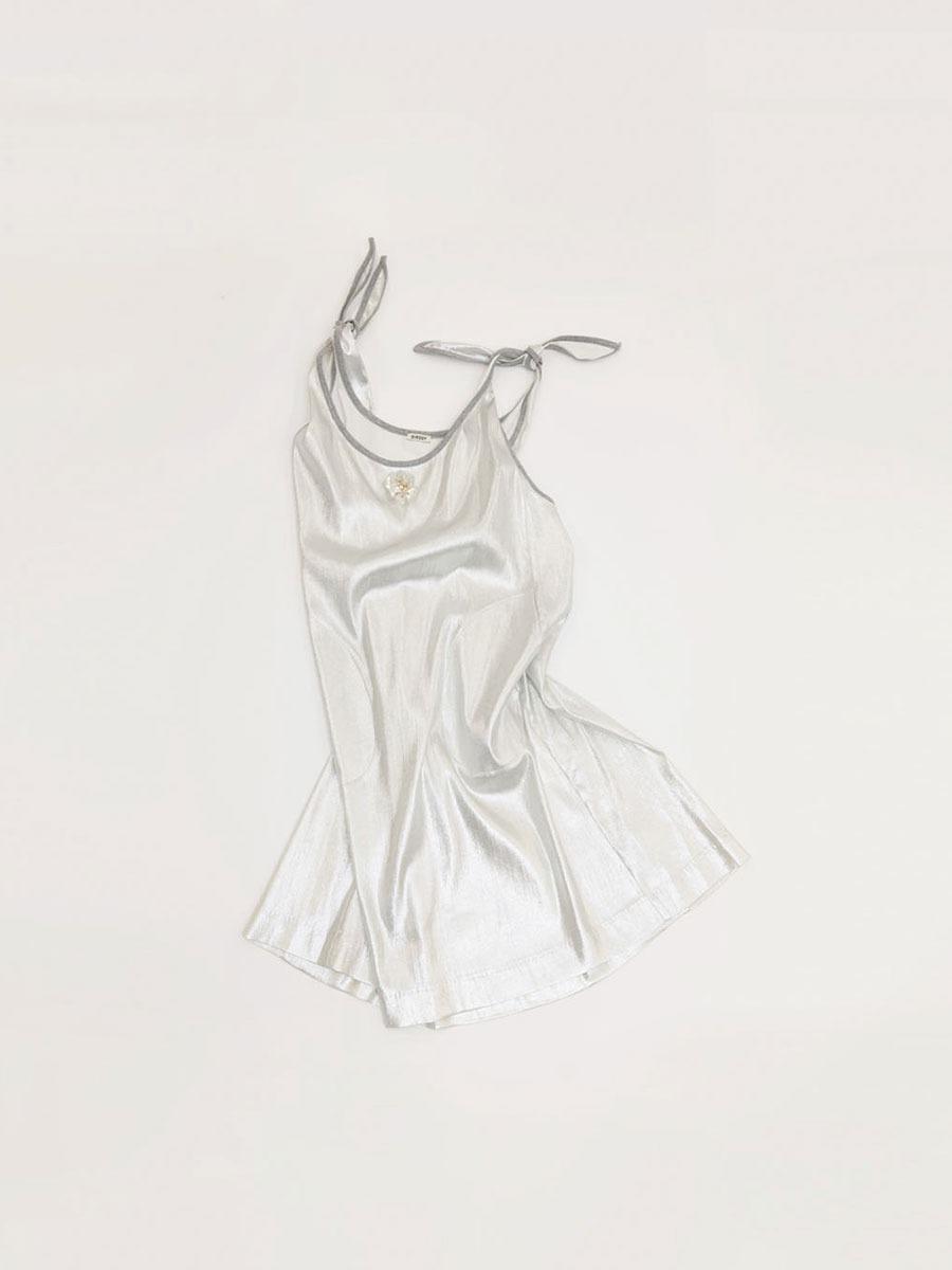 [DIRDDY] SHINY FLOWER BUTTON DRESS - SILVER